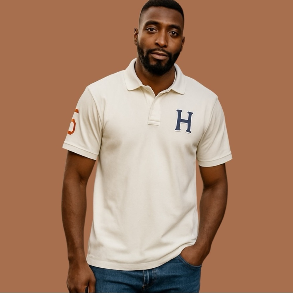 Tommy Hilfiger Cream Polo with Navy and Orange Accents, Size XL